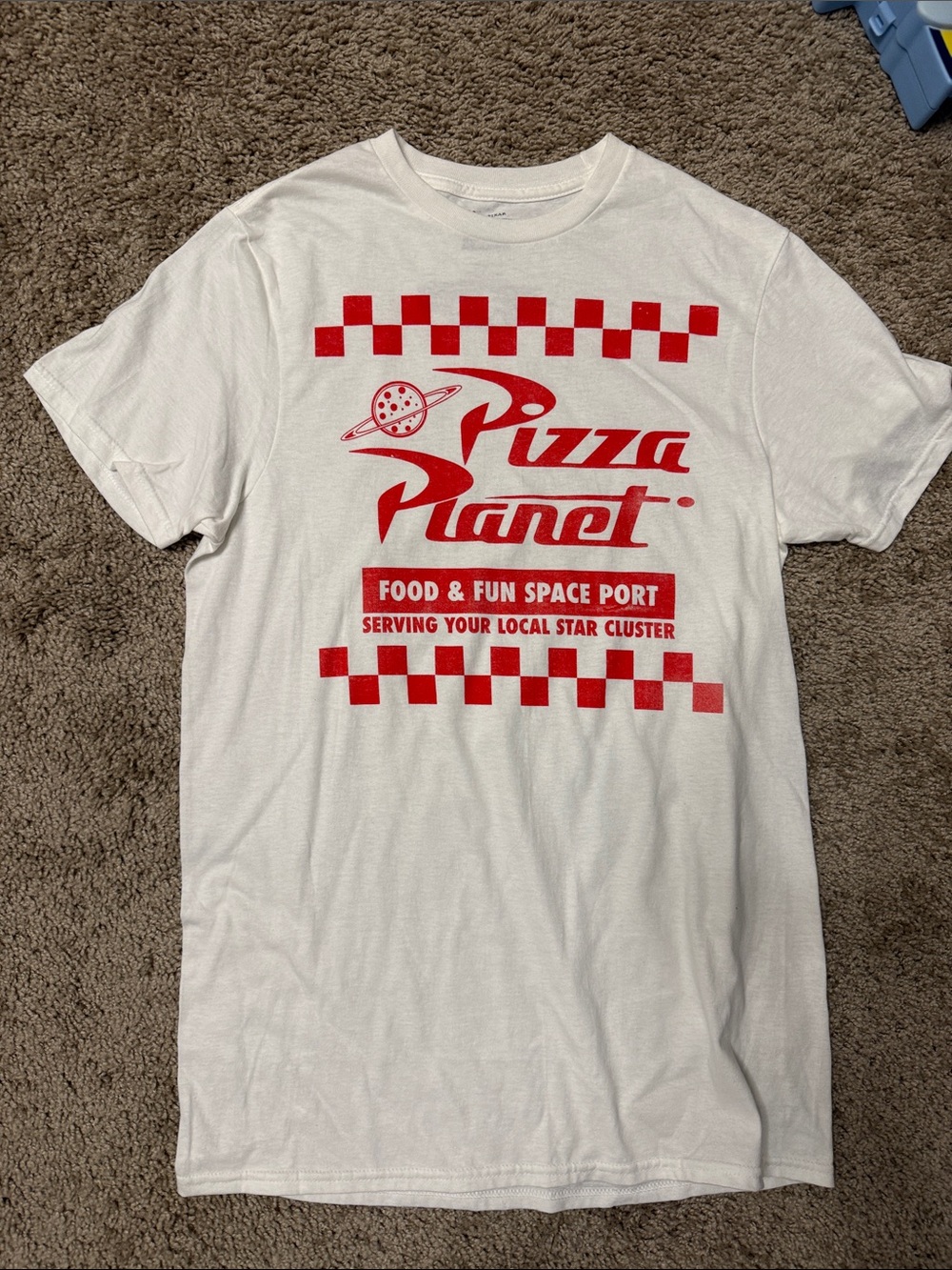 Pizza Planet White Short Sleeve Tee with Red Graphic